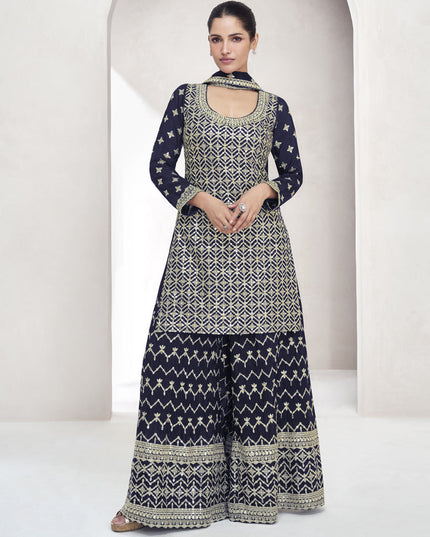 Navy Blue Chinnon Silk Zari Embroidered Palazzo Kameez