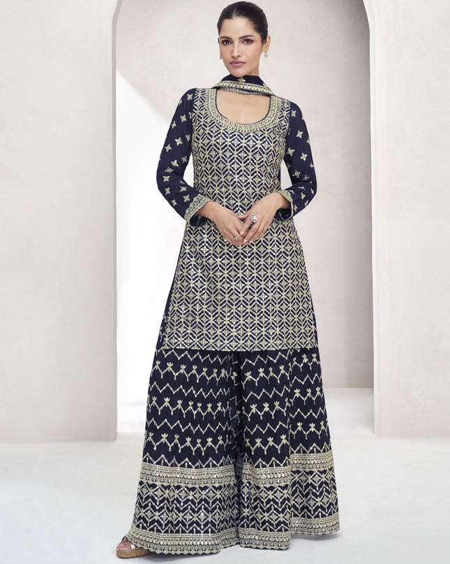 Navy Blue Chinnon Silk Zari Embroidered Palazzo Kameez