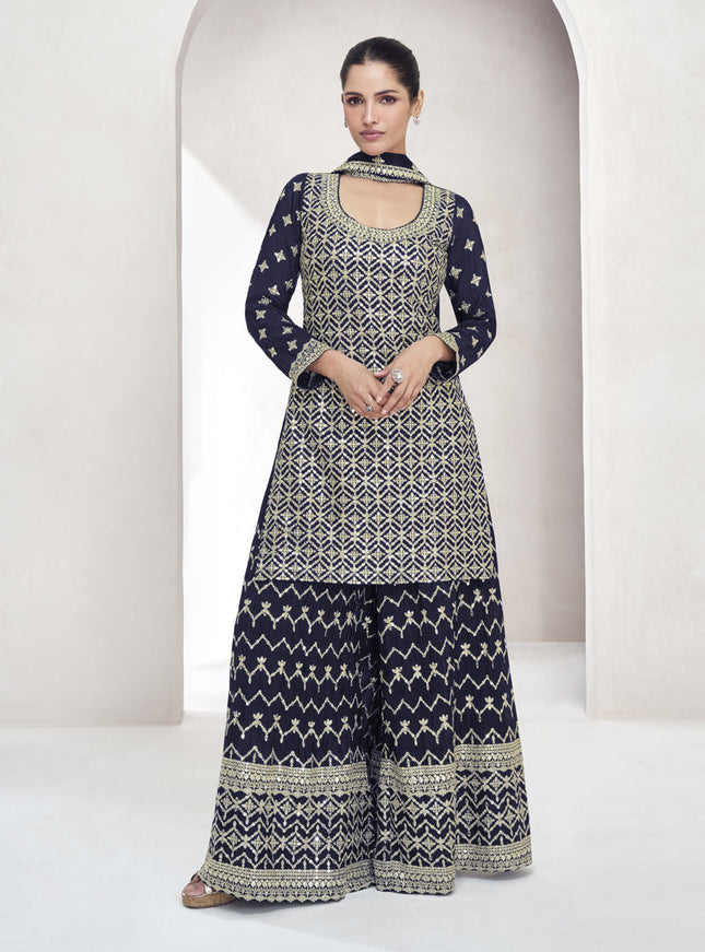 Navy Blue Chinnon Silk Zari Embroidered Palazzo Kameez