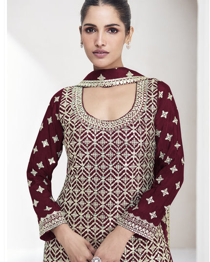 Maroon Chinnon Silk Zari Embroidered Palazzo Kameez