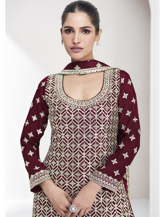 Maroon Chinnon Silk Zari Embroidered Palazzo Kameez