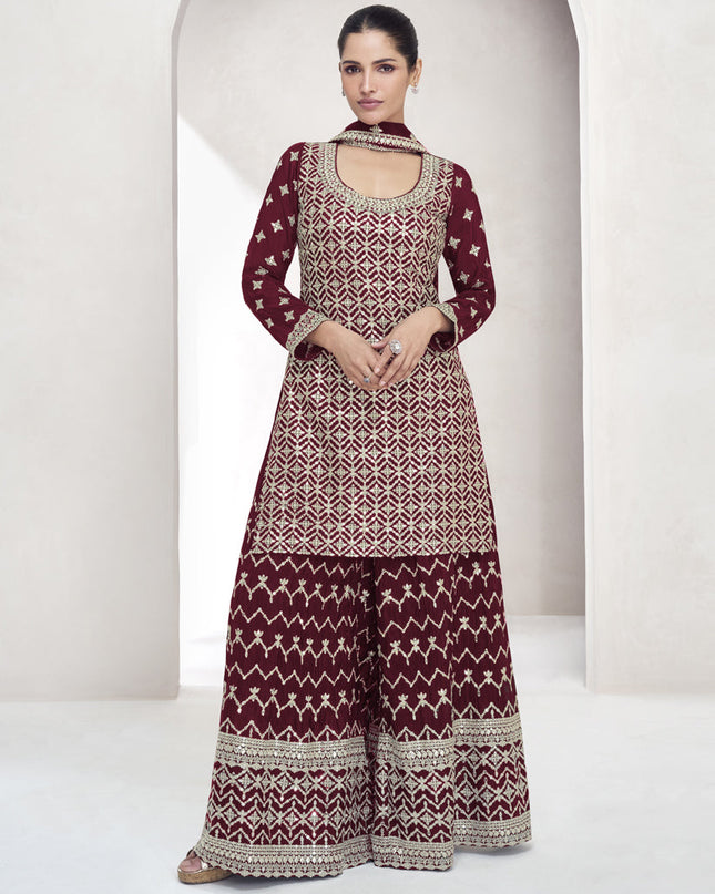 Maroon Chinnon Silk Zari Embroidered Palazzo Kameez