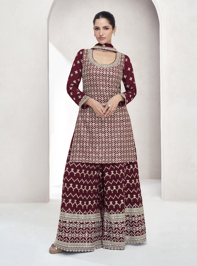 Maroon Chinnon Silk Zari Embroidered Palazzo Kameez