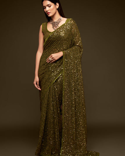 Astonishing Olive Green Georgette Thread and Sequins Embroidery Saree