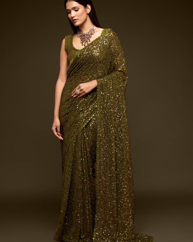 Astonishing Olive Green Georgette Thread and Sequins Embroidery Saree