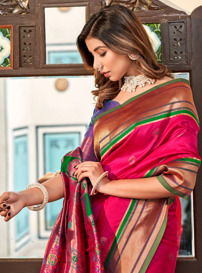 Rani Pink Peshwai Paithani Silk Woven Saree
