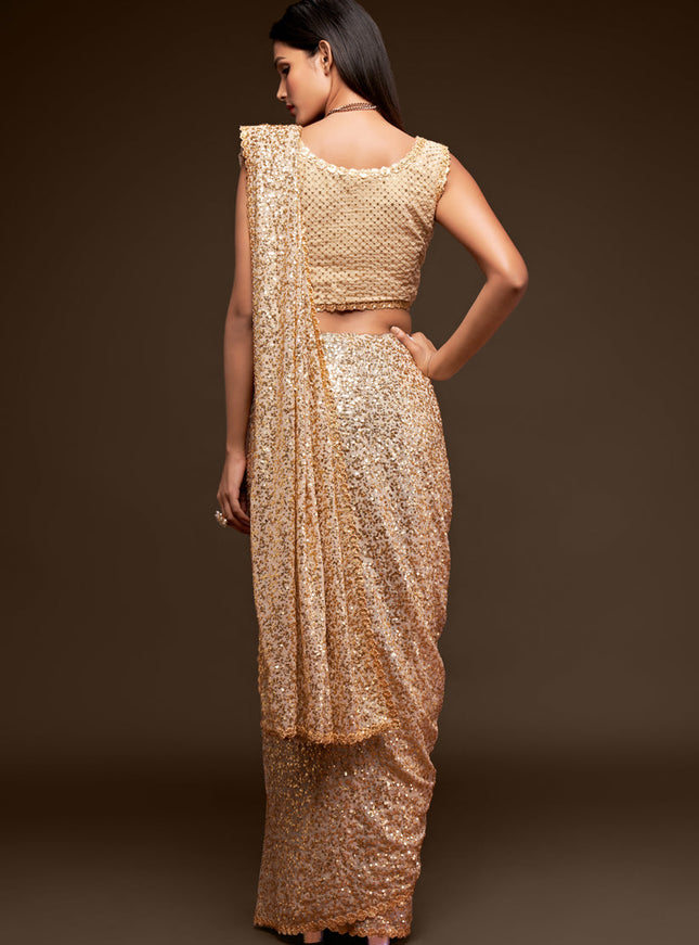 Stunning Ivory Georgette Thread and Sequins Embroidery Saree