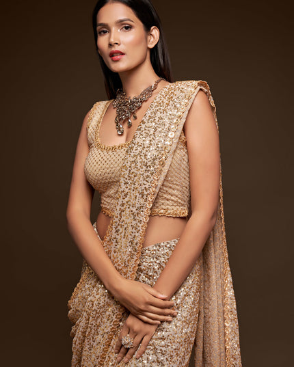 Stunning Ivory Georgette Thread and Sequins Embroidery Saree