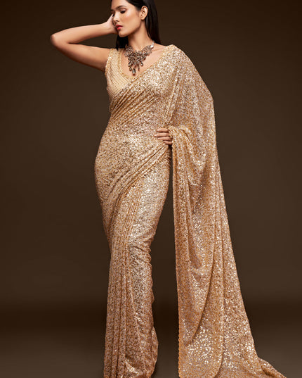 Stunning Ivory Georgette Thread and Sequins Embroidery Saree