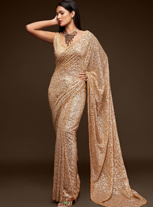 Stunning Ivory Georgette Thread and Sequins Embroidery Saree