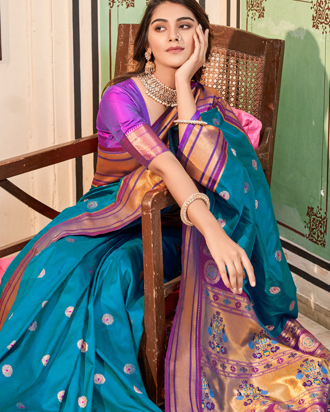 Azure Blue Peshwai Paithani Silk Woven Saree
