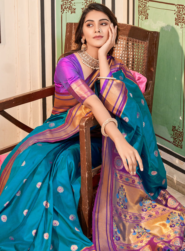 Azure Blue Peshwai Paithani Silk Woven Saree