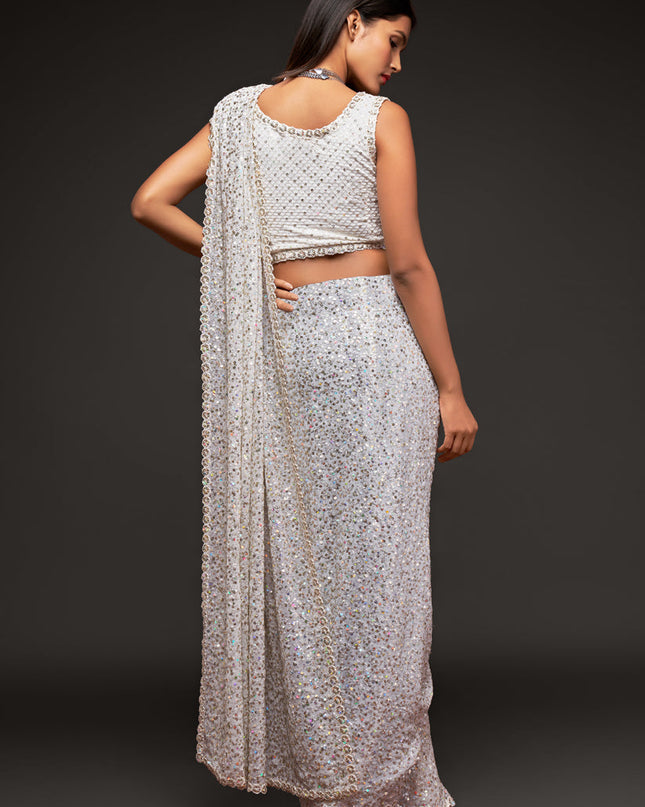 Awesome Pearl White Georgette Thread and Sequins Embroidery Saree