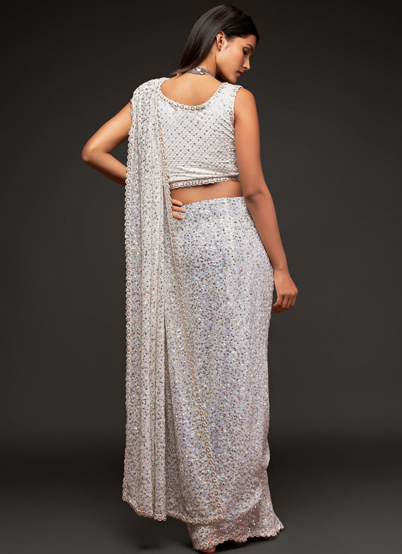 Awesome Pearl White Georgette Thread and Sequins Embroidery Saree