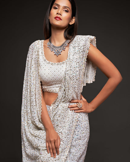 Awesome Pearl White Georgette Thread and Sequins Embroidery Saree
