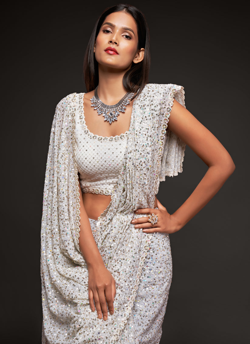 Awesome Pearl White Georgette Thread and Sequins Embroidery Saree