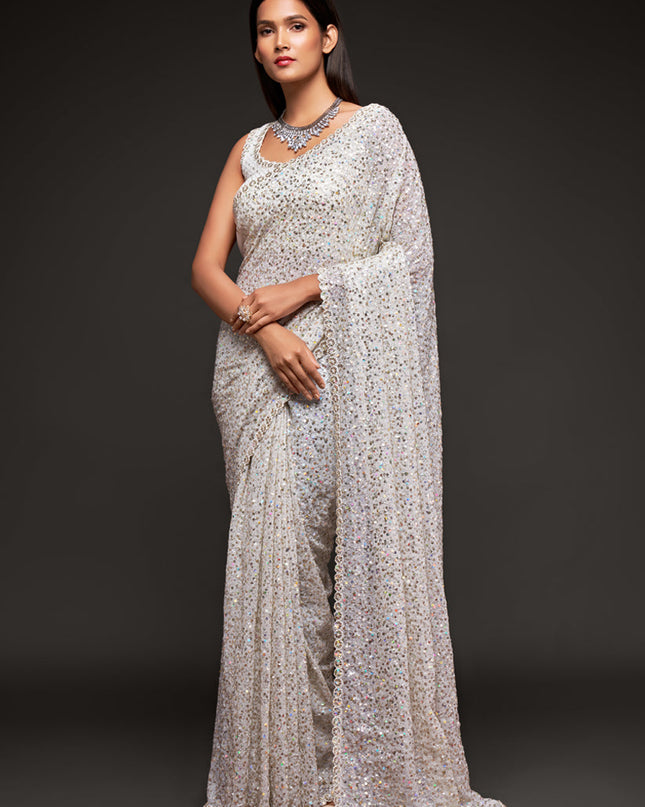 Awesome Pearl White Georgette Thread and Sequins Embroidery Saree