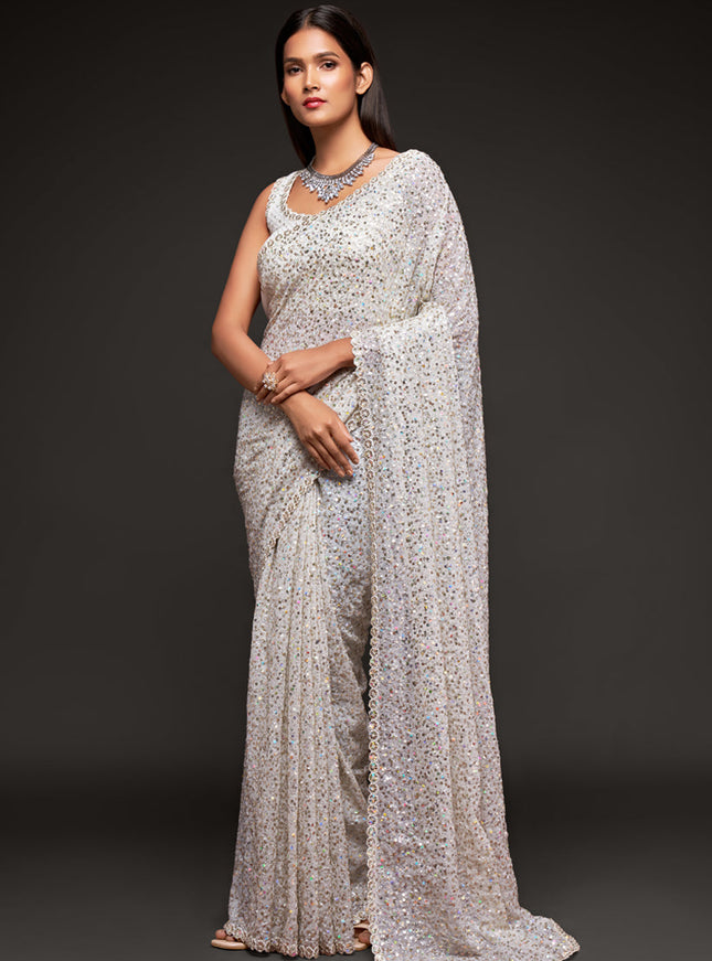 Awesome Pearl White Georgette Thread and Sequins Embroidery Saree