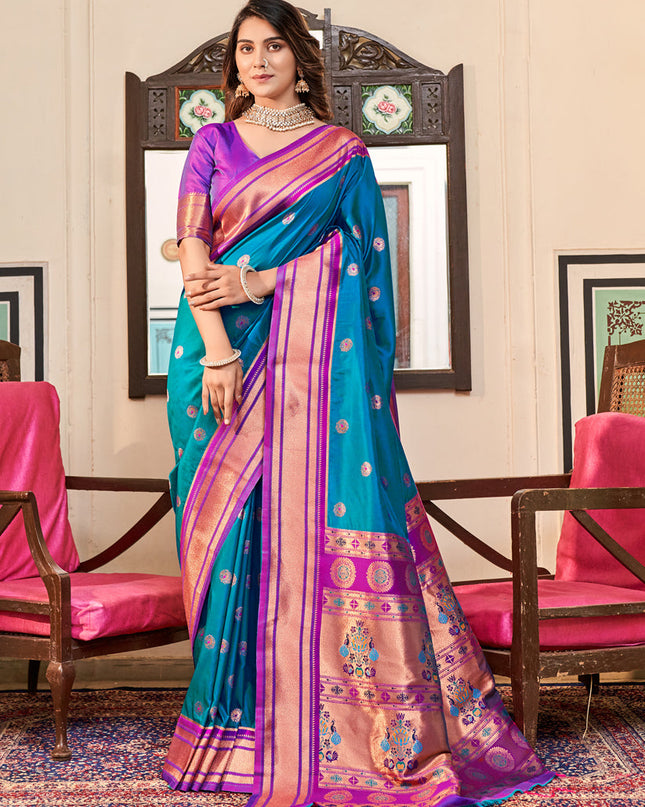 Azure Blue Peshwai Paithani Silk Woven Saree
