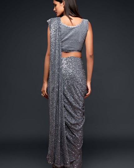 Pretty Slate Grey Georgette Thread and Sequins Embroidery Saree