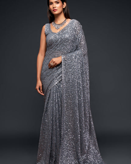 Pretty Slate Grey Georgette Thread and Sequins Embroidery Saree