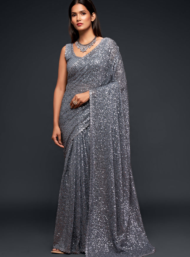 Pretty Slate Grey Georgette Thread and Sequins Embroidery Saree