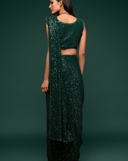 Elegant Green Georgette Thread and Sequins Embroidery Saree