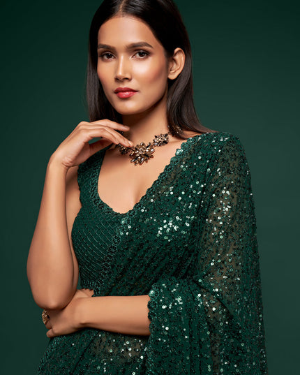 Elegant Green Georgette Thread and Sequins Embroidery Saree