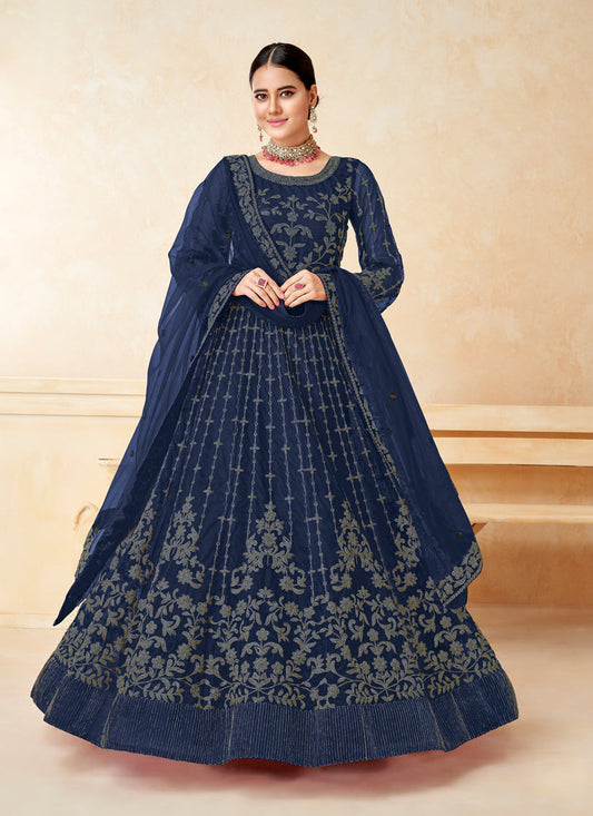 Navy Blue Net Embroidered Anarkali Suit