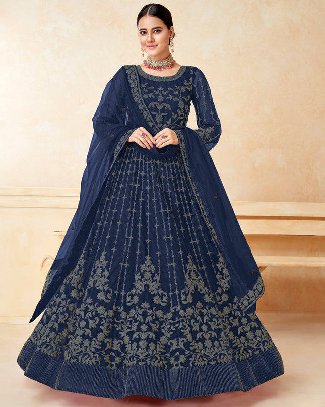 Navy Blue Net Embroidered Anarkali Suit