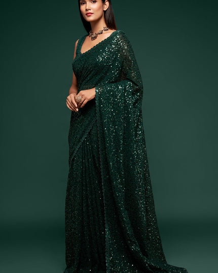 Elegant Green Georgette Thread and Sequins Embroidery Saree