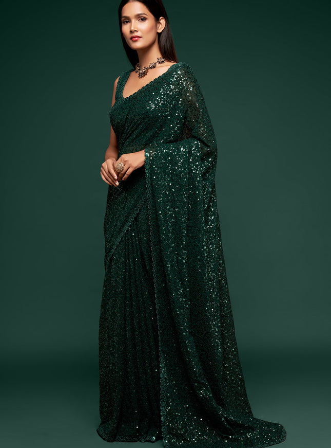 Elegant Green Georgette Thread and Sequins Embroidery Saree