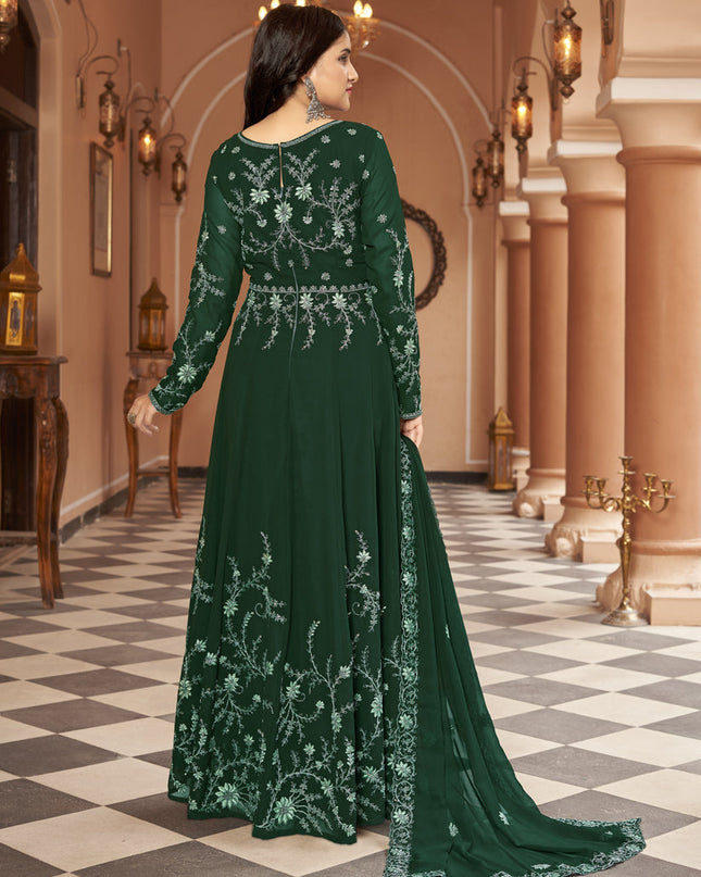 Bottle Green Faux Georgette Embroidered Anarkali Suit