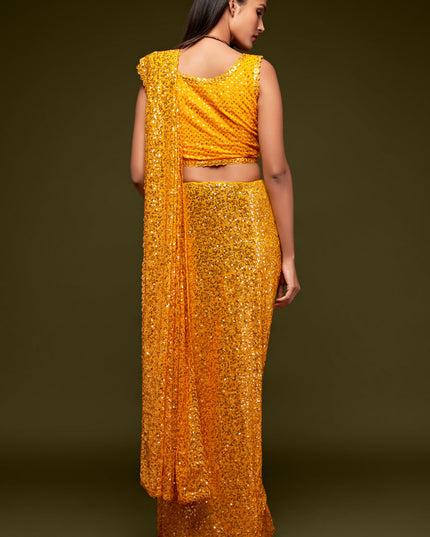 Captivating Yellow Georgette Thread and Sequins Embroidery Saree