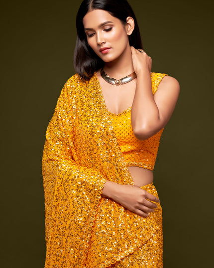 Captivating Yellow Georgette Thread and Sequins Embroidery Saree