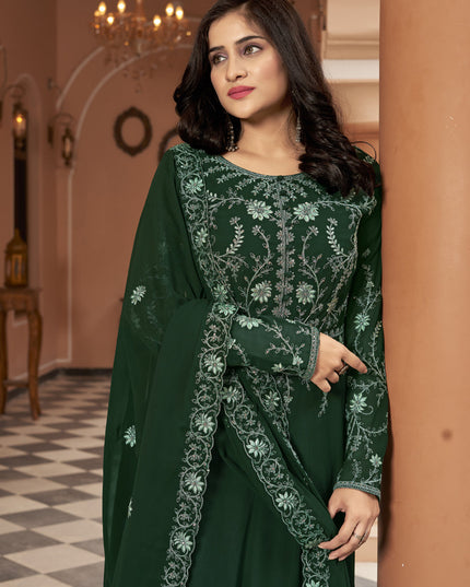 Bottle Green Faux Georgette Embroidered Anarkali Suit