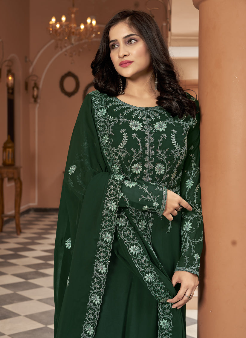 Bottle Green Faux Georgette Embroidered Anarkali Suit
