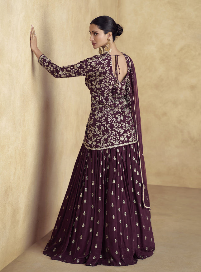 Maroon Chinnon Silk Embroidered Designer Lehenga Set