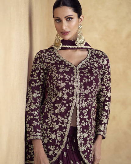 Maroon Chinnon Silk Embroidered Designer Lehenga Set