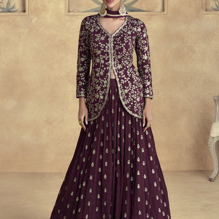 Maroon Chinnon Silk Embroidered Designer Lehenga Set