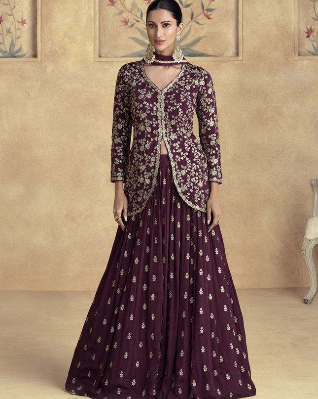 Maroon Chinnon Silk Embroidered Designer Lehenga Set