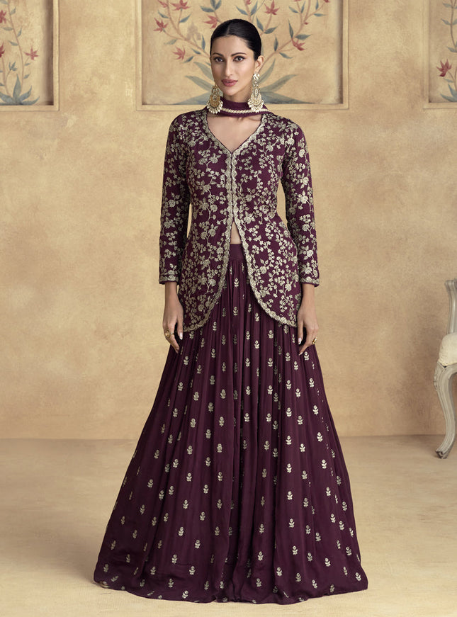 Maroon Chinnon Silk Embroidered Designer Lehenga Set
