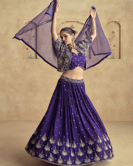Purple Chinnon Silk Embroidered Designer Lehenga Set