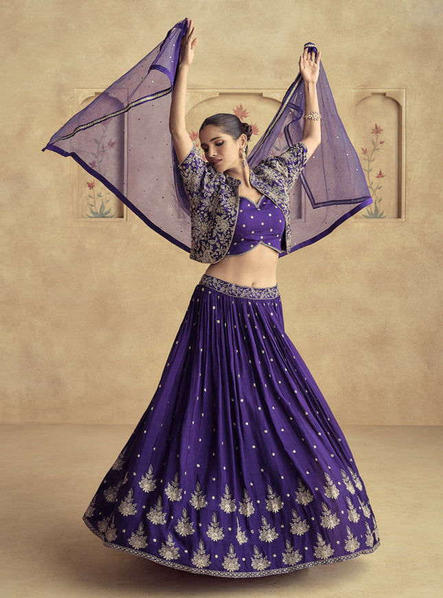 Purple Chinnon Silk Embroidered Designer Lehenga Set