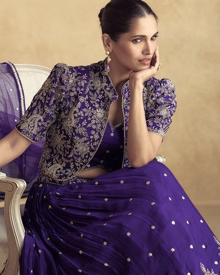 Purple Chinnon Silk Embroidered Designer Lehenga Set