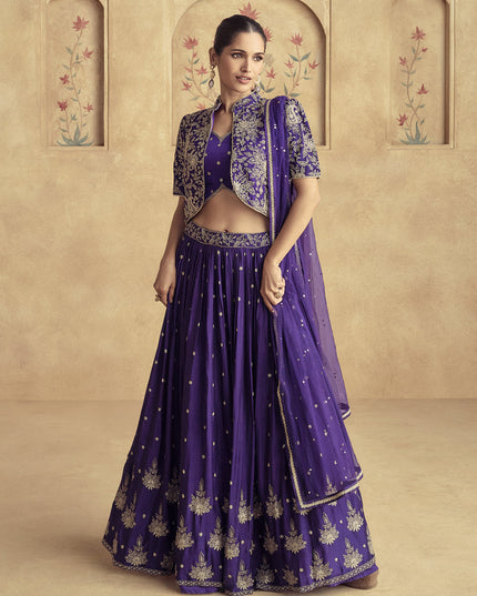 Purple Chinnon Silk Embroidered Designer Lehenga Set
