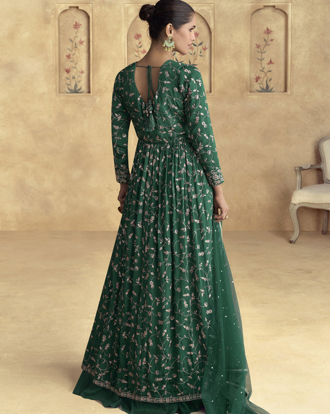 Emerald Green Chinnon Silk Embroidered Designer Lehenga Kameez