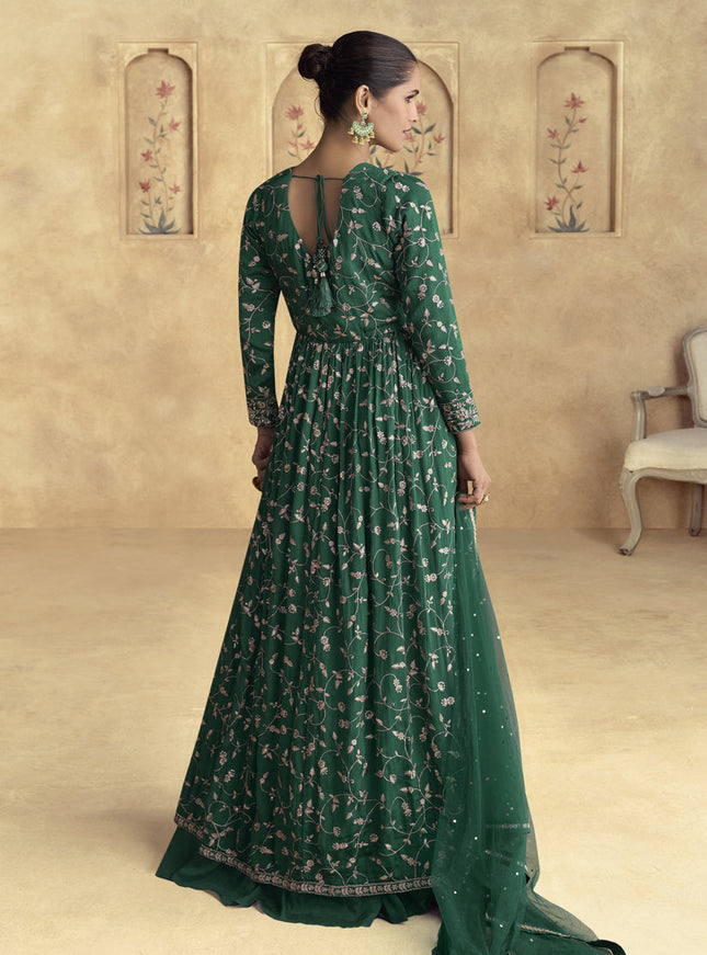 Emerald Green Chinnon Silk Embroidered Designer Lehenga Kameez