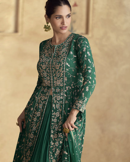 Emerald Green Chinnon Silk Embroidered Designer Lehenga Kameez