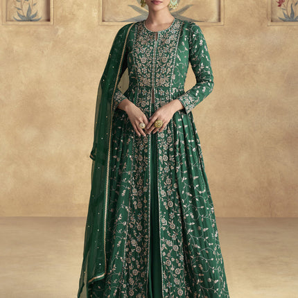 Emerald Green Chinnon Silk Embroidered Designer Lehenga Kameez